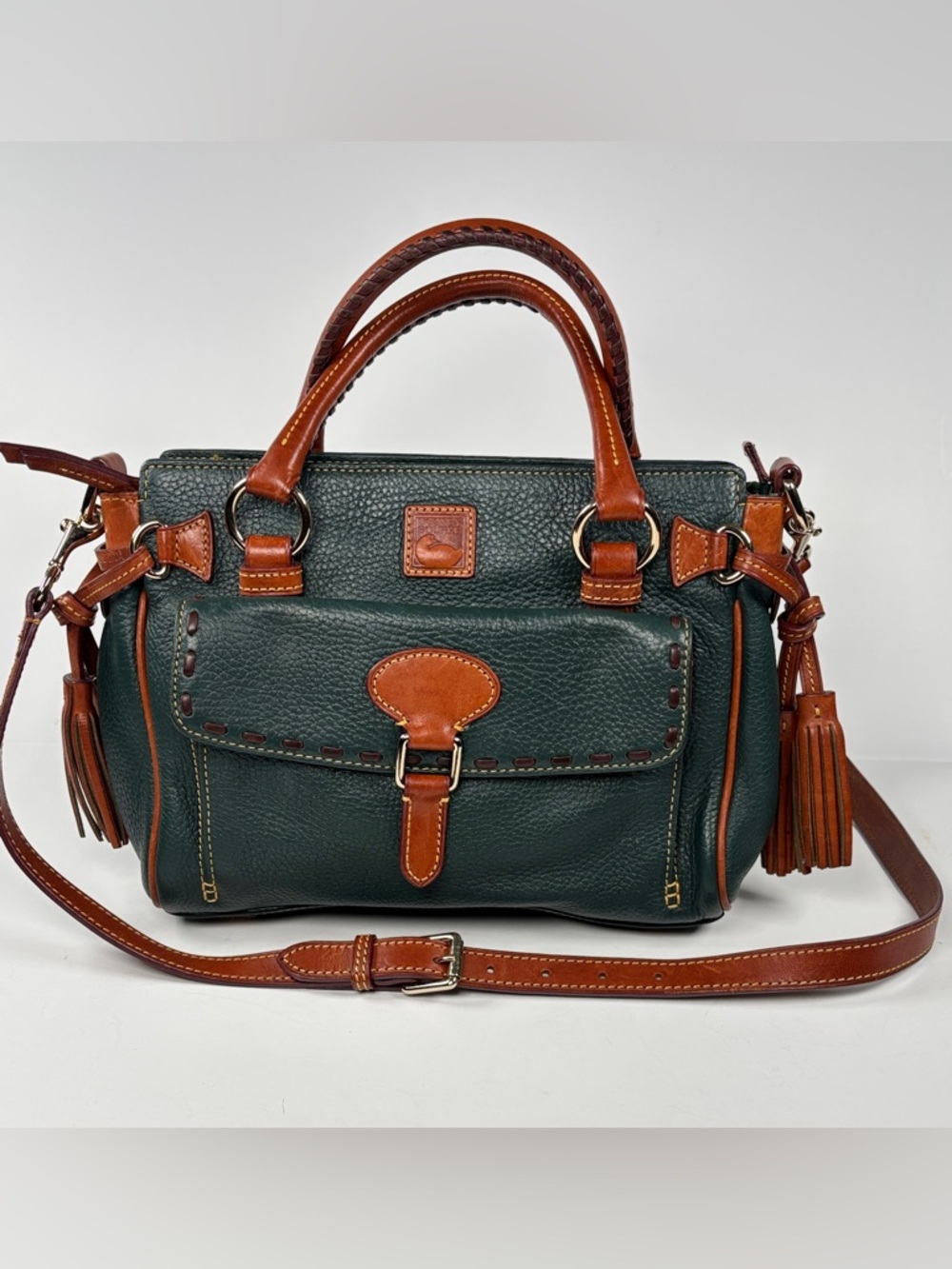 Dooney & Bourke Forest Green Pebbled Leather Satchel with Brown Trim